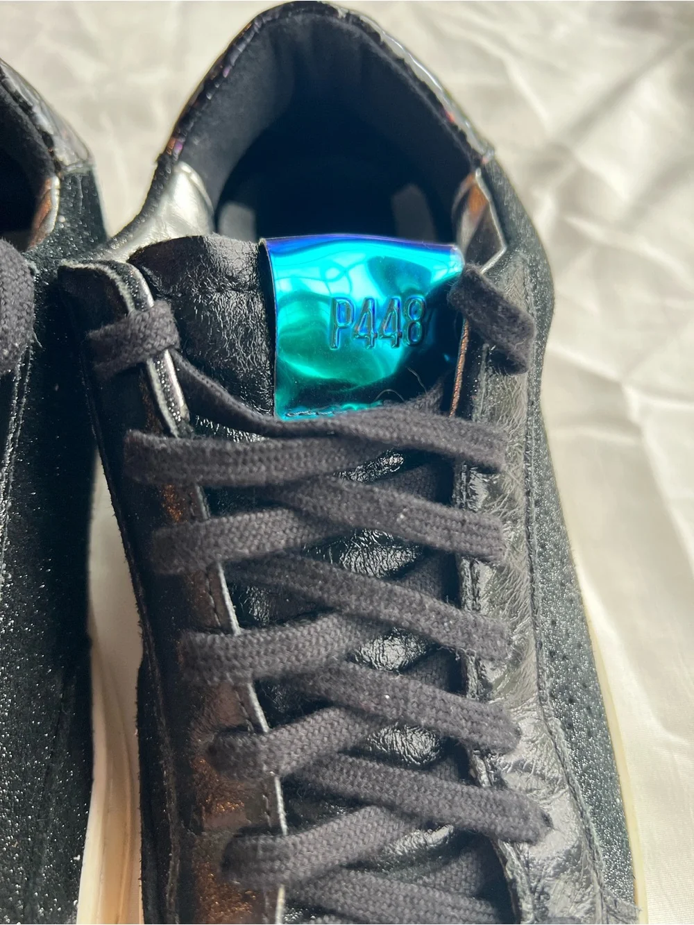 P448 Black Glitter Sneakers with Blue Iridescent Tongue size EU 36 or US 6